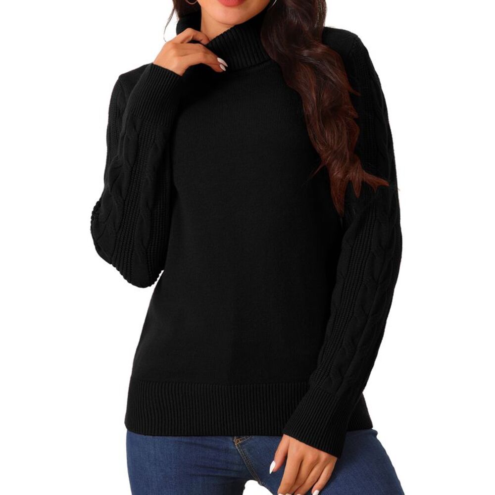 High Neck Long Sleeve Casual Chunky Warm Pullover Sweater Top Black